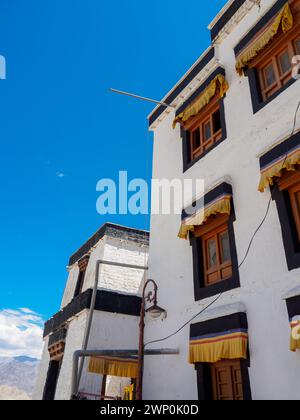 Alte Gebäude im tibetischen Architekturstil des Namgyal Tsemo Gompa Klosters, Fensterfarbe in attraktivem Kontrast zur weißen Wand. Stockfoto