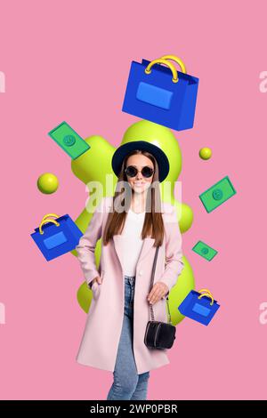 Kunstwerk kreative Collage Banner von stilvollen Mädchen reichen Shopaholic mit 3D-Geld, die Einkaufstaschen kaufen. Stockfoto