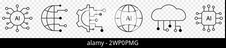 Symbolsatz für künstliche Intelligenz. Vektorabbildung isoliert auf transparentem Hintergrund Stock Vektor