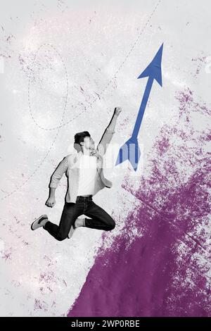 Foto Collage Artwork minimales Bild eines aufgeregten selbstbewussten Mannes, der mit der Faust fliegt Pfeil, isolierter kreativer Hintergrund. Stockfoto