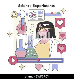 Das Konzept der wissenschaftlichen Experimente. Ansprechende Online-Schulungen mit interaktiven Labortests. Digitale Lernplattform mit Experimentvideos. Illustration des flachen Vektors. Stock Vektor