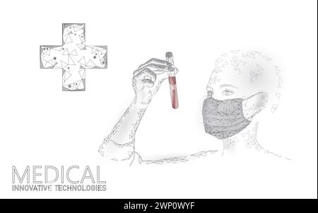 3D-medizinische Bluttestanalyse. Low Poly Woman Schwesternsilhouette-Reagenzglas mit roten Blutkörperchen. Medizinisch-biochemischer Laborplattenvektor Stock Vektor