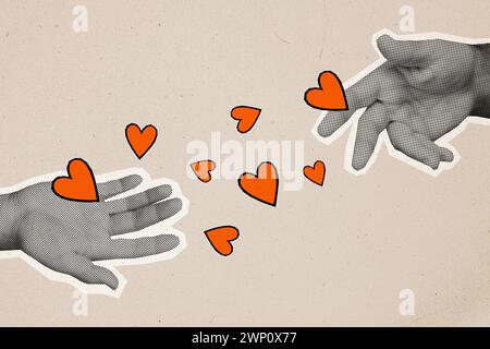 Composite Trend Artwork Skizzenbild 3D-Fotocollage aus Silhouette Halbton riesige liebliche Hände geben einander Liebe in Luft Stockfoto