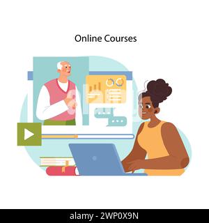 Digitales Lernkonzept. Zielgerichtete schwarze Studentinnen interagieren mit der Online-Kursoberfläche und repräsentieren einen modernen Bildungsansatz durch webbasiertes Studium. Illustration des flachen Vektors Stock Vektor