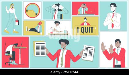 Quiet Beenden Trend at Workplace bento Grid Illustrations Set Stock Vektor