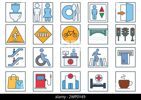 Symbolgruppe für öffentliche Navigation. Toilette, Lebensmittelbereich, Fahrstuhl, Informationsschalter, geldautomat, usw. Symbolstil für flache Linien. Abbildung des Navigationsvektors Stock Vektor