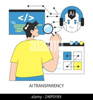 KI-Ethik. Künstliche Intelligenz und neuronale Netze Transparenz und Haftung. Charakter untersucht KI-Operationen und erforscht technische Arbeitsabläufe flache Vektorillustration. Stock Vektor