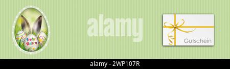Osterei leer Gutschein Emblem Frohe Oster Header deutscher Text Gutschein, übersetzen Coupon. Stockfoto