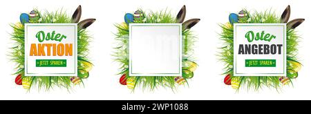 Ostereier Hasenohren Gras Rahmen Osterangebot Header deutscher Text Osterangebot, Osteraktio, jetzt Sparen, übersetzen Osteroffern, Osterverkauf, Speichern Stockfoto