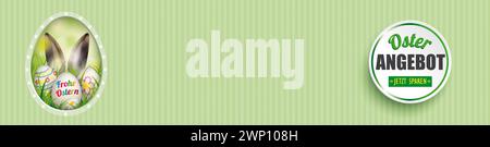 Osterei Osterangebot Emblem Frohe Ostern Header deutscher Text Osterangebot, jetzt Sparen, übersetzen Osterangebot, jetzt sparen. Stockfoto