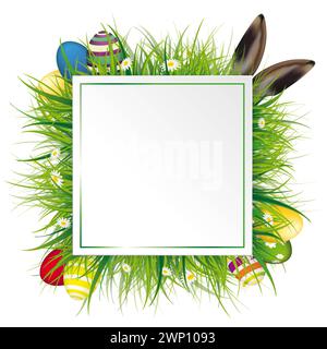 Ostereier Hasenohren Gras-Rahmenetikett mit grünem Gras, Blumen, Eiern und Hasenohren auf dem karierten Hintergrund. Stockfoto