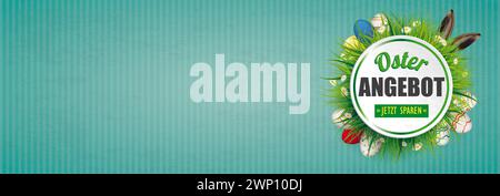 Frohe Ostern Ostereier Gras Osterangebot Vintage Banner Deutscher Text Osterangebot, jetzt Sparen, übersetzen Osterangebot, jetzt sparen. Stockfoto