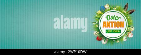 Frohe Ostern Ostereier Gras Osteraktion Vintage Banner deutscher Text Osteraktion, jetzt Sparen, übersetzen Osterverkauf, jetzt sparen. Stockfoto