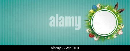 Frohe Ostern Ostereier Gras Emblem Vintage Banner Osterbanner mit Emblem, Gras und Ostereiern. Stockfoto