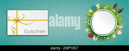 Frohe Ostern Ostereier Gras Emblem Gutschein Vintage Banner deutscher Text Gutschein, übersetzen Coupon. Stockfoto