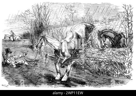 Sporting Intelligence, Zeichentrickfilm mit Jagdmischgeschick von John Leech aus dem 1852er Punch Magazine. Das Land ist furchtbar tief, aber der Fall ist entzückend Stockfoto