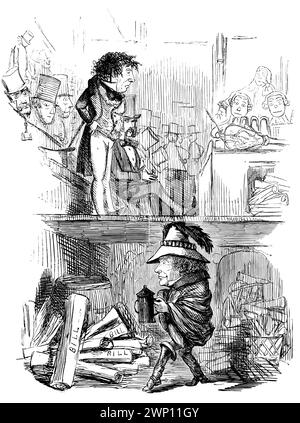 Lord John Blowing the Guys of Parliament, Ein Entwurf für den 5. November, politischer Cartoon aus dem 1852er Punch Magazine Stockfoto