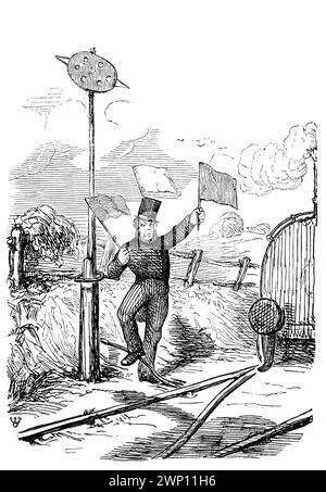 Ill1701 Railway Slips, Zeichentrick aus dem Punch Magazine von 1852 mit manueller Bahnsignalisierung Stockfoto