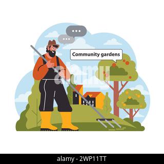 Engagierter Gärtner fördert Gemeinschaftsgärten. Er steht inmitten grüner Bäume in der Nähe von Stadtgebäuden und fördert städtische Grünflächen. Initiative zur kollektiven Landwirtschaft. Illustration des flachen Vektors Stock Vektor