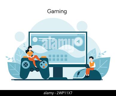 Spielekonzept. Spieler, die in virtuelle Abenteuer vertieft sind und die Spannung interaktiver Spiele und die immersiven Erlebnisse der digitalen Welt zeigen. Vektorabbildung Stock Vektor