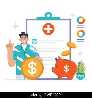 Konzept der Selbstbeteiligung im Gesundheitswesen. Ein lächelnder Arzt erklärt, wie wichtig Einsparungen für medizinische Ausgaben sind, neben einer Sparkasse und Kostentabellen. Illustration des flachen Vektors Stock Vektor