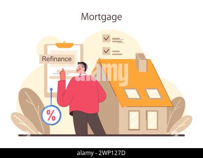 Refinanzierungsprozess. Senkung des Kreditzinssatzes bei Kreditverträgen. Schuldverpflichtung mit besserem Zinssatz. Wohnungsdarlehen, Immobilienhypotheken. Illustration des flachen Vektors Stock Vektor