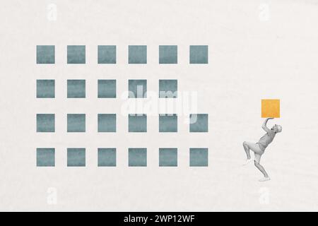 Kreatives Foto Collage Bild junger Mann drückt Carry Cube Match komplette Logik Spiel intellektuelle Herausforderung weißer Hintergrund Stockfoto