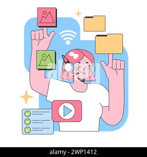 Der engagierte virtuelle Assistent verwaltet Multimedia-Elemente. Sie jongliert mit Bildern, Videos und Daten und sorgt dabei für eine nahtlose Konnektivität. Multitasking im digitalen Zeitalter. Illustration des flachen Vektors Stock Vektor