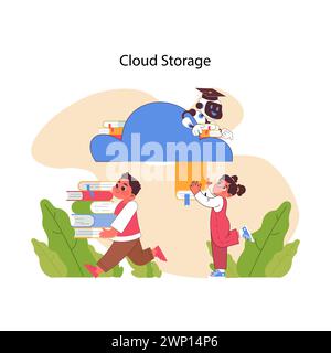 KI im Bildungsbereich veranschaulicht Cloud-Speicher, bei dem Schüler auf eine virtuelle Bibliothek zugreifen, die von einem Roboterlehrer überwacht wird. Illustration des flachen Vektors Stock Vektor