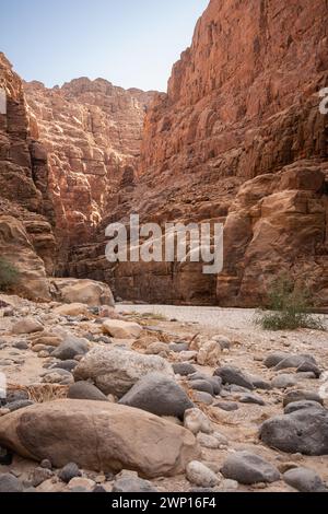 Vertikale Landschaft des Wadi Mujib in Jordanien. Mujib Biosphärenreservat im Nahen Osten. Szene im Freien mit felsigen Formationen. Stockfoto