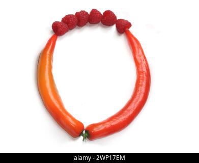 Buchstabe O, Zahl 0, kreisförmiger Rahmen aus rot-orangenem Chili-Pfeffer und Himbeer-ABC-Großbuchstaben aus Chilis, Paprika, für Texte, Enzyklopädie Stockfoto