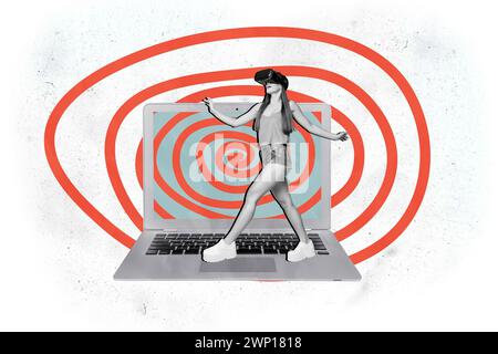 Composite Collage Bild des aufgeregten Mini schwarz weiß Effekt Mädchen Walk große Laptop vr Brille hypnotischen Bildschirm isoliert auf gemalten Hintergrund Stockfoto