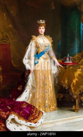 Queen Alexandra (1844–1925) Queen Consort of the United Kingdom 1901-1910 (als Ehefrau von König Eduard VII.) in Krönungsroben, Porträtgemälde in Öl auf Leinwand von Sir Samuel Luke Fildes, 1905 Stockfoto