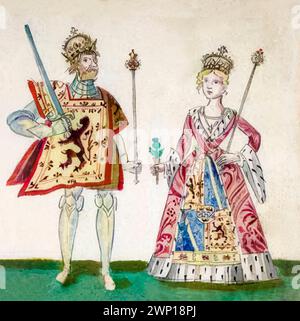 Robert I. von Schottland (1274–1329), bekannt als Robert the Bruce, König der Schotten 1306-1329 mit seiner ersten Frau Isabella of Mar (ca. 1277–1296), illustrierte Porträtmalerei, ca. 1562 Stockfoto