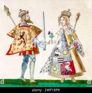 Robert I. von Schottland (1274–1329), bekannt als Robert the Bruce, König der Schotten 1306-1329 mit seiner zweiten Ehefrau Elizabeth de Burgh (ca. 1289–1327) Queen Consort of Scotland 1306–1327, illustrierte Porträtmalerei, ca. 1562 Stockfoto