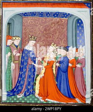 David II. Von Schottland (1324–1371), seine Frau, Joan of the Tower (1321–1362), Königin von Schottland, und König Philipp VI. Von Frankreich (1293–1350), illustriertes Handschriftengemälde von Jean Froissart, vor 1499 Stockfoto