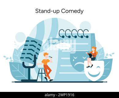 Humor auf der Bühne – Konzept. Comedians fangen die Menge mit Witz und Geschichten ein. Stand-up-Comedy-Abend mit fesselnden Darstellern und einem lebhaften Publikum. Vektorabbildung Stock Vektor