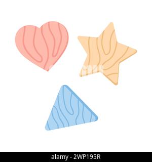 Bunte Holzformen Spielzeug. Hölzerner Stern und Herz, hölzernes Dreieck für Kinder Zeichentrickvektor Illustration Stock Vektor