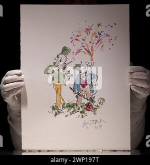 Bonhams, London, Großbritannien. März 2024. Sir Quentin Blake rekonstruiert Roald Dahl-Charaktere für „A Dutzend New Drawings of Old Friends:“, Ein Spendenverkauf für das Quentin Blake Centre für Illustrationen, der vom 4-14. März in Bonhams stattfindet. Zu den Höhepunkten zählen: Patrick. Schätzung: £3.000-5.000. Quelle: Malcolm Park/Alamy Live News Stockfoto