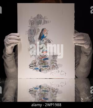 Bonhams, London, Großbritannien. März 2024. Sir Quentin Blake rekonstruiert Roald Dahl-Charaktere für „A Dutzend New Drawings of Old Friends:“, Ein Spendenverkauf für das Quentin Blake Centre für Illustrationen, der vom 4-14. März in Bonhams stattfindet. Zu den Höhepunkten gehören: Matilda. Schätzung: £6.000-8.000. Quelle: Malcolm Park/Alamy Live News Stockfoto