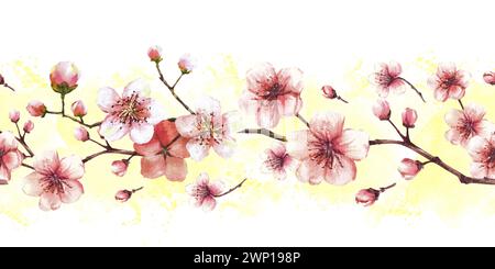 Blühender Zweig von Baum-, Sakura-, Kirsch- oder Apfelknospen Blumen nahtloser Rand, Muster auf gelben Aquarellflecken Hintergrund. Frühlingsblüten Stockfoto