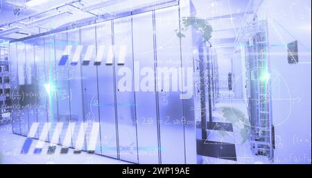 Abbildung von Statistiken, mathematischen Gleichungen und Datenverarbeitung über Computerserver Stockfoto