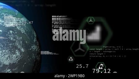 Bild von Symbolen, Daten und Globus auf schwarzem Hintergrund Stockfoto