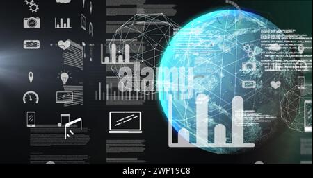 Abbildung von Diagrammen, Daten, Verbindungen und Globus auf schwarzem Hintergrund Stockfoto