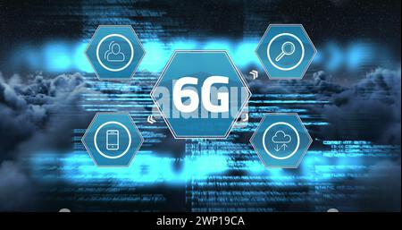 Bild von 6g-Text über Datenverarbeitung und Wolken Stockfoto