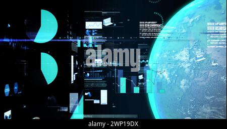 Abbildung von Diagrammen, Daten und Globus auf schwarzem Hintergrund Stockfoto