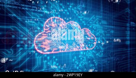 Bild der digitalen Wolke, mathematischen Symbole und integrierten Schaltung auf blauem Hintergrund Stockfoto