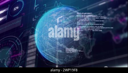 Abbildung von Diagrammen, Daten, Verbindungen und Globus auf marineblauem Hintergrund Stockfoto