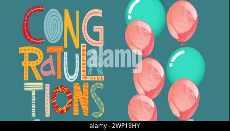 Bild: Glückwunschtext über bunten Ballons auf grünem Hintergrund Stockfoto