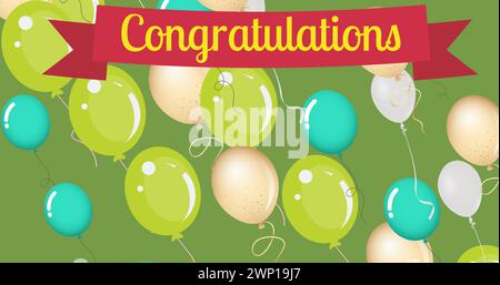 Bild: Glückwunschtext über bunten Ballons auf grünem Hintergrund Stockfoto